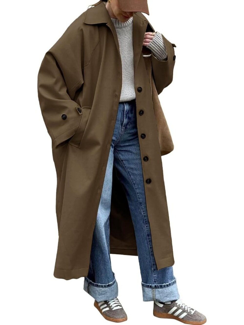 Women's Brown Oversized Windproof Single-Breasted Lapel Fall Duster Trench Coat